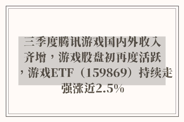 三季度腾讯游戏国内外收入齐增，游戏股盘初再度活跃，游戏ETF（159869）持续走强涨近2.5%